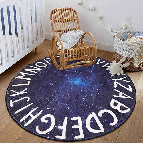 LIVEBOX Space Round ABC Rug for Kids Playroom, Alphabet Nursery Rug Crawling Play Mat for Children Bedroom, Galaxy Washable Rug Learning Carpet for Baby Toddlers Room (47",Star Blue)