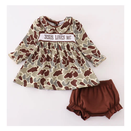 Camouflage jesus loves me embroidery girl bloomer set – HoneyBean