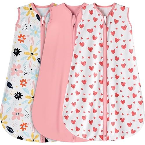 3 Pack Baby Sleep Sack 0-6 Months 100% Rayon Cotton Baby Sleeping Bag 2-Way Zipper Toddler Wearable Blankets Comfy Stretchy Lightweight TOG 0.3 (Heart&Pink&Floral)