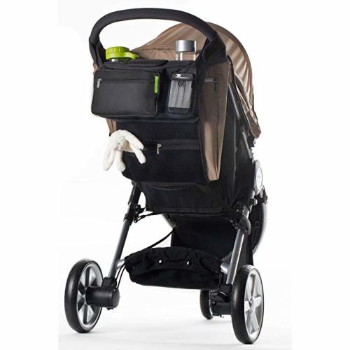 Ethan & Emma Universal Baby Stroller Organizer with Insulated Cup Holders for Smart Moms. Diaper Storage, Secure Straps, Detachable Bag, Pockets for Phone, Keys, Toys. Compact Design Fit All Strollers - Black