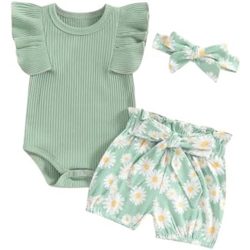 Newborn Infant Baby Girl Summer Clothes Rib Frill Short Sleeve Romper Elastic Waist Shorts Headband 3Pcs Outfits Set