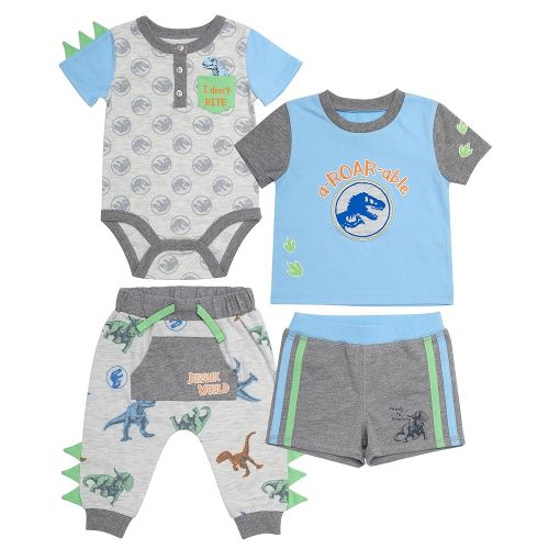 Jurassic Baby Boys 4 Piece Clothing Set | One-Piece Bodysuit, Gel Overlay Shorts, Short Sleeve T-Shirt, Jogging Pants