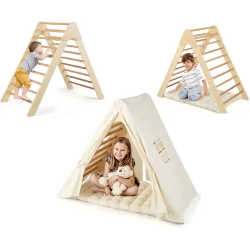 INFANS Triangle Climber with Tent Cushion Pad, 3 in 1 Climbing Triangle LadderToys for Toddlers, Wooden Montessori Climbing Play Set Indoor Outdoor Gym Learning Playset for Kids Boys Girls