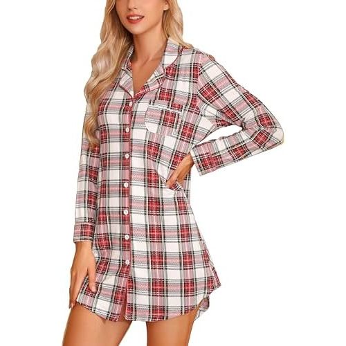 Samring Pajama Nightgown for Women Short/Long Sleeve Button Down Nightwear Top Boyfriend Sleep Shirts Nightdress S-XXL