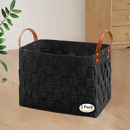 BOLDMONKEY Laundry Basket 15" x13 " x11 " 2 Pack, Large Rectangular Blanket Basket with Leather Handle, Felt Storage Basket for Living Room, Nursery, Dog Toys-Dark Gray