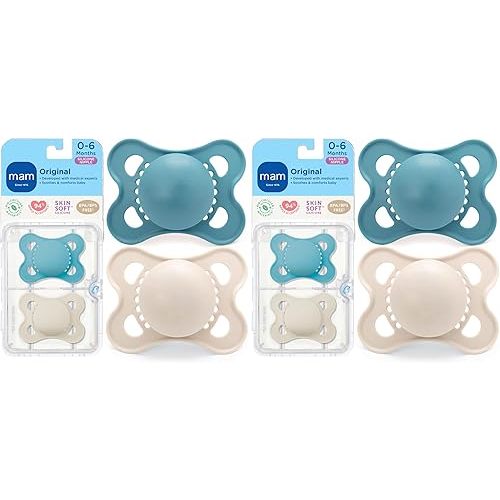 MAM Original Matte Baby Pacifiers, Binky for Boys 0-6 Months, BPA-Free Silicone Nipple, Easy to Clean, Best for Newborn Babies, Developed with Medical Experts, Binkies with Sterilizer Case(Pack of 2)