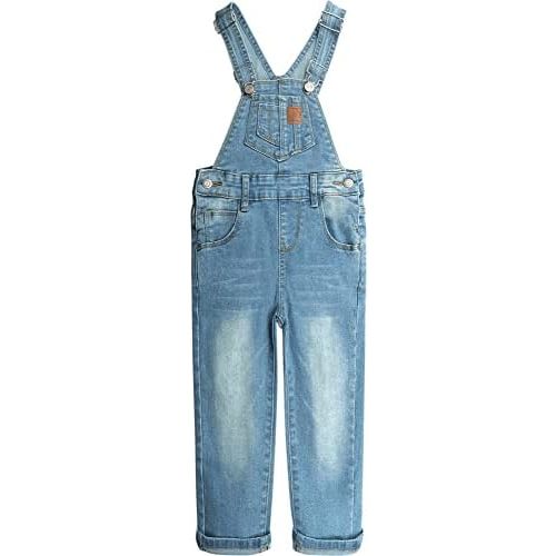 KIDSCOOL SPACE Girls Denim Overalls, Bibs Washed Stretchy Jeans Jumpsuit