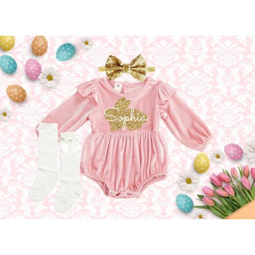 Easter velvet girl Outfit, Monogrammed romper, 1st Easter baby girl outfit, Personalized baby girl Easter outfit,pink romper girls