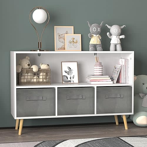 Kids Bookshelf Toy Storage Organizer with Collapsible Fabric Drawers, Wood Children Bookcase, Toy and Book Storage Display Organizer for Playroom,Bedroom, Nursery School (White+Gray)
