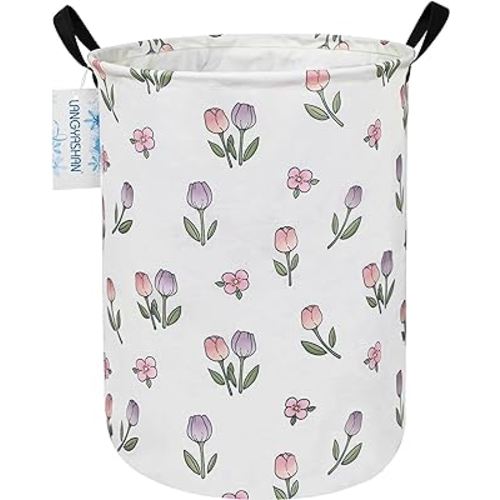 LANGYASHAN Laundry Basket Canvas Fabric Collapsible Organizer Basket for Storage Bin Toy Bins Gift Baskets Bedroom Clothes Children Nursery Hamper (Tulip)