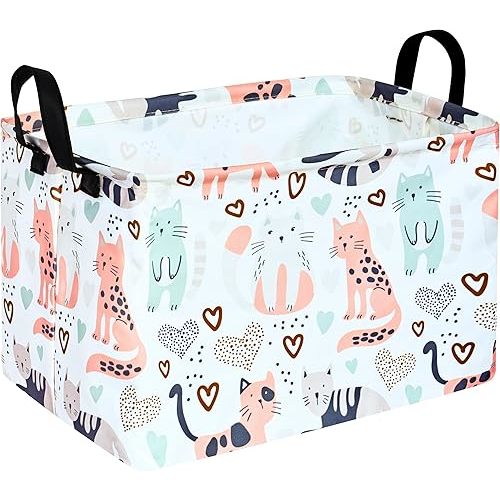 KUNRO Rectangle Cat Pattern Toy Bin Waterproof storage organizer for Nursery Hamper Home decor Closet Kids Bedroom Laundry Baby Gift Shelf Baskets