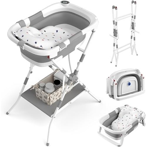 BALLA BALEIN Baby Bathtub with Stand, 2-in-1 Collapsible Bath Tubs for Newborn to Toddler, Infant Bathtub with Folding Stand, Portable Bathtub for Baby Including Soft Cushion, Storage Pad (Gray)