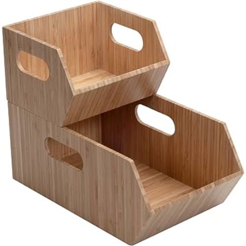 MobileVision Bamboo Storage Bins for Pantry & Kitchen Cabinet Organizer Multi-Purpose 2 PC Stackable Set for Canned Goods, Vegetables, Pouches, Boxed Meals & more