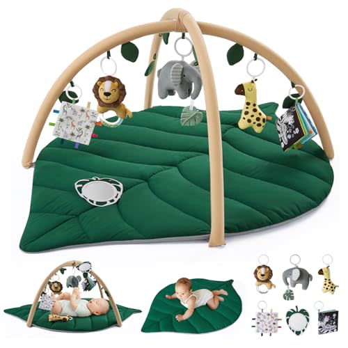 Blissful Diary Baby Play Gym & Activity Mat, Leaf Shaped Baby Play Mat with 6 Detachable Toys, Tummy Time Mat Promote Motor Skills & Sensory Development, Newborn Baby Essentials Gift, Jungle Green