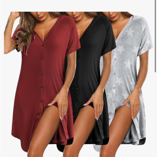 Ekouaer 3 Pack Women's Nightshirt Button Down Nightgown Short Sleeve Sleepshirt V Neck Pajama Dress with Pockets