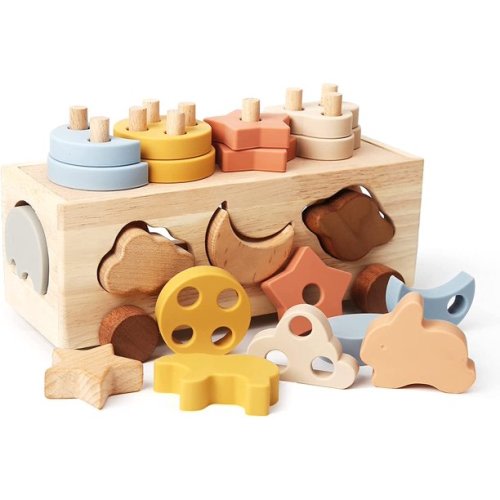 4 Games in 1 Montessori Shape Sorter Truck Toys for 18 Month+ Year Old Baby Boys and Girls | Blocks Sorting Wooden&Silicone Educational Car Stacking Toys