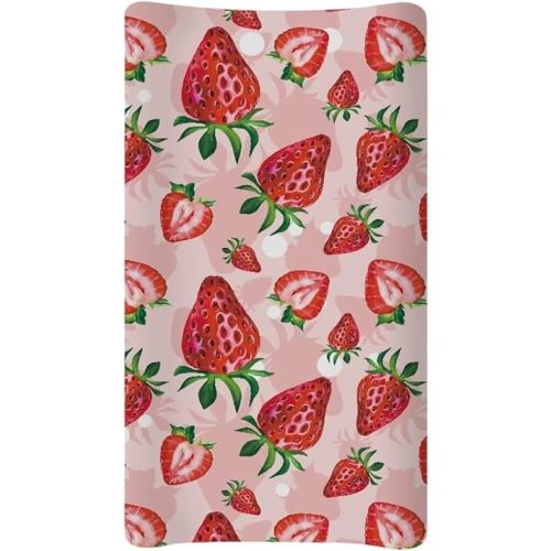 Cute Red Strawberry Print Diaper Changing Pad Covers Sofy Cozy Breathable Change Table Sheets Kawaii Fruits Theme for Baby Boys and Girls Fit 32"X16"Contoured Pad