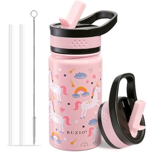 BUZIO 14oz Kids Water Bottle with Straw Lid, Insulated Toddler Water Bottle for School Stainless Steel Thermo Cup for Girls Boys Reusable Leak Proof Bpa-Free Double Walled Flask, Pink Unicorn