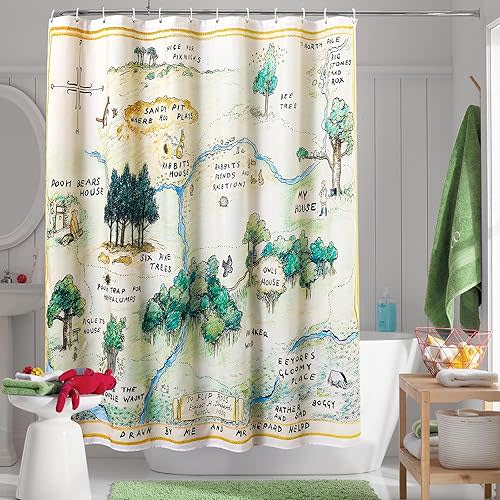 Estmy Cute Cartoon Kids Shower Curtain Sets with Hooks, Hundred Acre Wood Map Fabric Shower Curtain Kids Bathroom Decor, Vintage Retro Woodland Fun Shower Curtain for Kids Boys Girls Bathroom Unisex