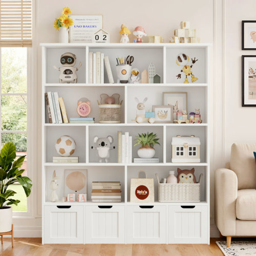 Latitude Run® 🧸 Kirklyn 57.5"H 5-Tier Cube Bookcase & Toy Storage Organizer, Kids Bookshelf with 4 Movable Drawers & 10 Storage Cubes, Children's Playroom Storage Unit & Reviews | Wayfair