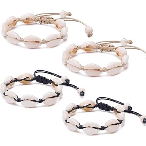 4 Pack Adjustable Shell Bracelets Anklets Set Natural Cowrie Shell Beads Puka Seashells Ankle Jewelry for Men Women Valentine's Day Gifts