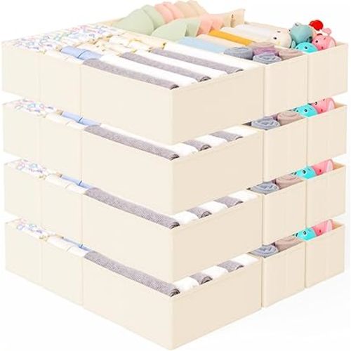 Criusia 26 Pack Drawer Organizer for Clothes, Foldable Dresser Dividers with 3 Sizes, Fabric Storage Bins – Beige