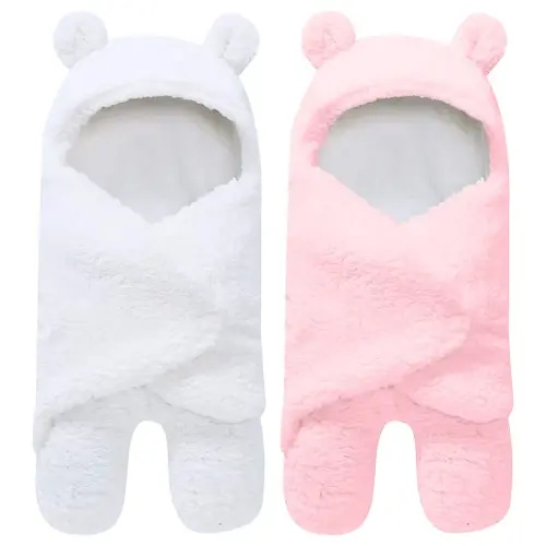 2 Pack Ultra Warm Sherpa Plush Baby Swaddle Wrap - Newborn Essentials for 0-6 Months - Shower Gifts for Boys Girls - Pink and White