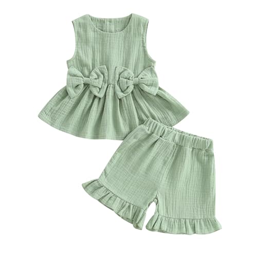 Kupretty Toddler Girl Summer Clothes Baby Solid Linen Outfit Bows Ruffle Tank Tops Shirts + Ruffled Short Set