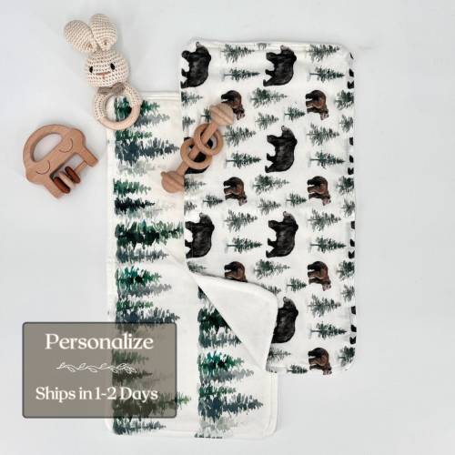 Personalized black bear burp cloth woodland theme little bear baby shower for baby boy gift idea forest animals gift for newborn handmade