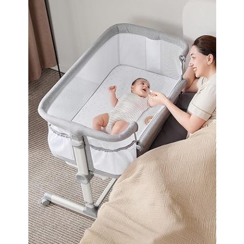 besrey Baby Bassinet Bedside Sleeper, Upgraded Extra Wider Bedside Crib Bassinet with Wheels - 50MM Oversized Lockable 360° Swivel, 9 Height Adjustable Baby Bed for Newborn Infant, Mattress Included