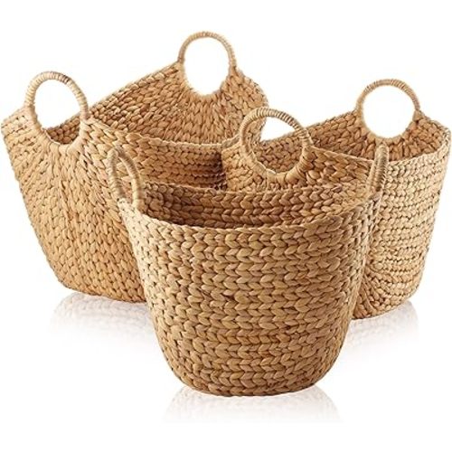 Casafield Set of 3 Multipurpose Boat Baskets with Handles - Natural, Woven Water Hyacinth Storage Organizers for Throw Blankets, Bedroom, Living Room, Laundry