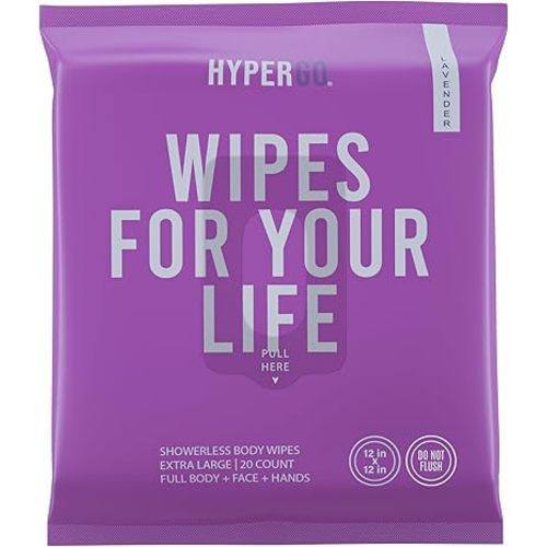 HyperGo Body Wipes - No Rinse Wet Wipes for Adults, All Natural Shower Bathing Wipes, Refreshing Body and Face Cleansing Wipes for Women and Men, 20 Extra Large Disposable Washcloths, 12x12 Lavender