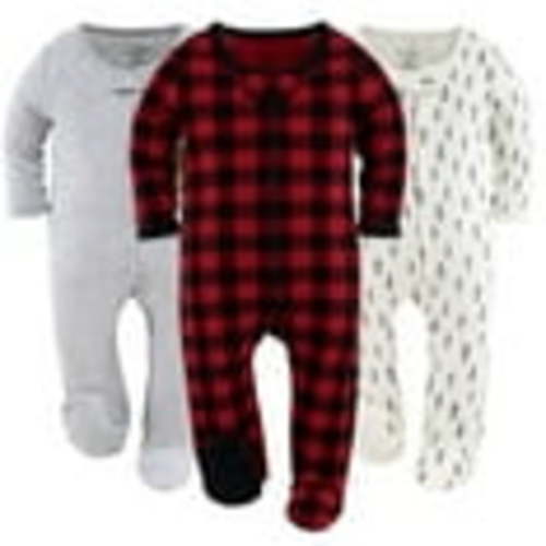The Peanutshell Baby Sleep n Play Footed Pajamas for Boys or Girls, Red Buffalo Plaid, 3 Pack, Newborn to 9 Months