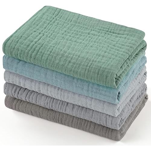 MUKIN Baby Washcloths,Muslin Burp Cloths Towels for Newborns,Absorbent Cotton Bath Face Towel ,5 Pack, 12x12 Inches (Coastal Calm)