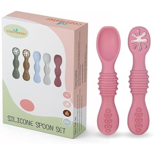 Silicone Baby Spoon & Pre-Spoon - Baby Spoons Self Feeding 6 Months, Bendable Toddler Utensils, Baby Led Weaning Supplies | BPA Free & Boil-proof (Set of 2) (Dark Pink)