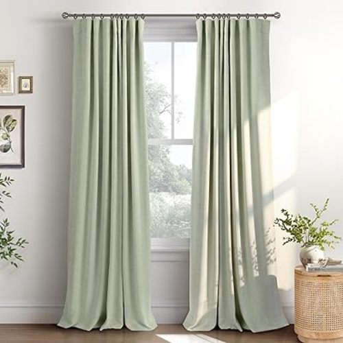 INOVADAY 100% Blackout Curtains for Bedroom, Black Out Curtains 84 Inch Long, Clip Rings Linen Blackout Drapes, Thermal Insulated Room Darkening for Living Room, 2 Panels - Sage,W50xL84