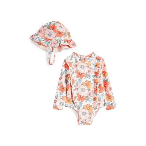 Baby Floral Ruffle Long Sleeve One-Piece Rashguard Swimsuit & Sun Hat Set, 12M, White Snow Imogen Floral