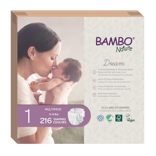 Bambo Nature Hypoallergenic Baby Diapers, Eco-Labelled Sustainable Diapers, Enhanced Leakage Protection, Totally Chlorine-free, Skin Friendly, and Super Absorbent - Size 1 (216 Count)