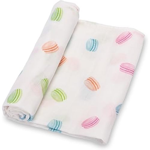 LollyBanks Swaddle Blanket, 100% Cotton Baby Blanket, Soft Muslin Swaddle Blanket 47 x 47 Inches, Neutral Baby Blanket for Boys and Girls, Baby Essentials, Registry (Macarons Print, Dessert)