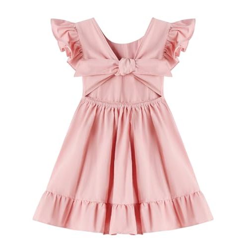 Dutebare Toddler Girls Swing Dress Linen Backless Tie Back Ruffle Hem Kid Casual Beach Dresses