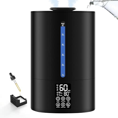 6L Humidifiers for Bedroom Large Room Home, Cool and Warm Humidifier for Plants Mist Top Fill Desk Humidifier Essential Oil Diffuser, Quiet Humidifiers with Adjustable Mist,360°Nozzle-Midnight Black