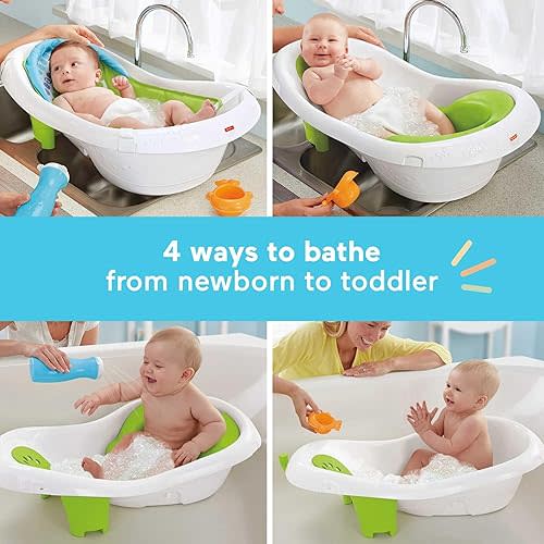 Fisher-Price Baby to Toddler Bath 4-In-1 Sling ‘N Seat Tub with Removable Infant Support and 2 Toys, Green