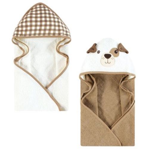 Hudson Baby Cotton Animal Face Hooded Towel, Brown Gingham Puppy, One Size