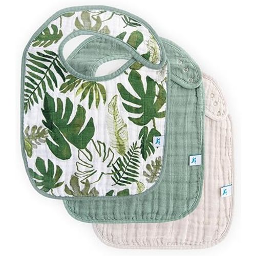 Little Unicorn Cotton Muslin Classic Bib 3 Pack– 100% Cotton – Machine Washable - Softer with Every Wash – Playful Designs - 3 Lightweight, Breathable Layers – for Boys and Girls (Tropical Leaf Set)