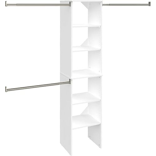 ClosetMaid SuiteSymphony Wood Closet Organizer Starter Kit with Tower and 3 Hang Rods, Shelves, Adjustable, Fits Spaces 4 – 9 ft. Wide, Engineered Wood, Pure White, 16"