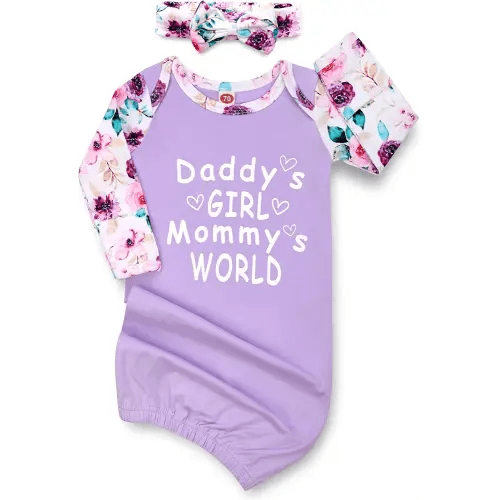 Newborn Baby Girl Gown 0-6 Months, Super Soft Newborn Sleepers Gown, Long Sleeve Infant Nightgown for Girls Boys, Baby Girl Outfit Essential with Headband Set Purple