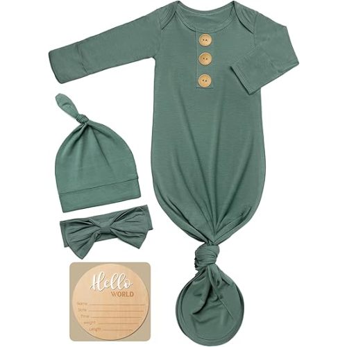 Soft Baby Knot Gown 0-3 Months, Newborn Announcement Sleepers With Mitten Cuffs and Personalized Wooden Name Tag (Grayish Green)