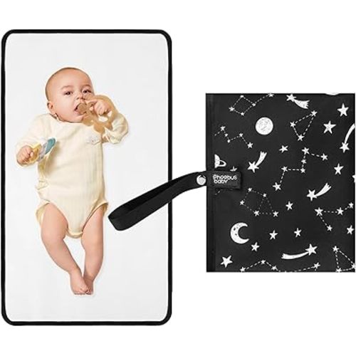 Portable Diaper Changing Pad for Baby - Waterproof Compact Changing Mat with Wrist Strap - Wipeable Travel Changing Pad for Diaper Bag(Black Stars)