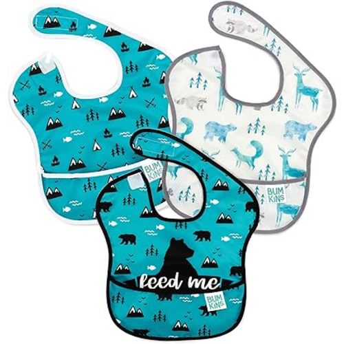 Bumkins Bibs for Girl or Boy, SuperBib Baby and Toddler for 6-24 Months, Essential Must Have for Eating, Feeding, Baby Led Weaning Supplies, Mess Saving Catch Food, 3-pk Outdoors and Wildlife