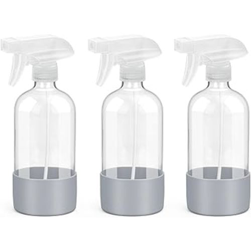 Glass Spray Bottles with Silicone Sleeve Protection, Empty 16 oz Refillable Containers, Reusable Spray Bottles with Adjustable Nozzle for Hair, Cleaning Solutions, 3 Pack Grey